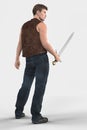 Rear view render of an urban fantasy style man holding a sword