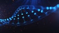 A particulate 3D rendered DNA on a blue bokeh background.