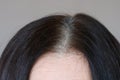 Parting of dark brown wonan`s hair with grey roots, side view, close up