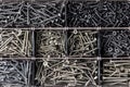 Partitioned plastic organizer box full of various screws Royalty Free Stock Photo
