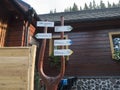 Partizanska Lupca, Low Tatras, Slovakia, August 29, 2020: Tourist signpost crossroad in front of mountain cottage called