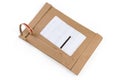 Partly open mail package with blank sticker on white background