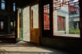 Partly painted door of uncompleted building in sunny winter afternoon