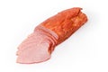 Partly sliced boiled-smoked pork loin on a white background Royalty Free Stock Photo