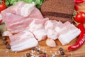 Partly sliced pork belly among spices closeup on cutting board Royalty Free Stock Photo