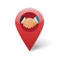 Partner business shaking hands icon, client partnership meeting position location marker logo label flat cartoon, idea