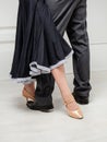 Partner dance. Male and female ballroom, standard, sport dance, latin and salsa couple dancers feet and shoes in dance rehearsal Royalty Free Stock Photo