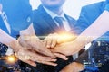 Partner. double exposure image of investor business man joining hands together for successful meeting Royalty Free Stock Photo