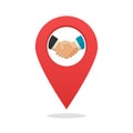 Partner or partnership office position location marker icon flat cartoon, concept of shaking hands deal place meeting