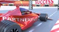 Partnering and success - pictured as word Partnering and a f1 car, to symbolize that Partnering can help achieving success and Royalty Free Stock Photo