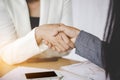 Partners business woman handshake agree to sign a contract