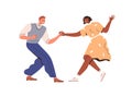 Partners couple dancers performing Lindy hop dance style. Happy modern young man and woman holding hands in jolly lively Royalty Free Stock Photo