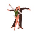 Partners, couple dancing rumba. Duet rhumba dancers, man and woman in passion movement, graceful pose. Happy two people