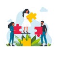 Partners holding big jigsaw puzzle pieces flat vector. Successful partnership, communication, collaboration metaphor Royalty Free Stock Photo