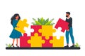 Partners holding big jigsaw puzzle pieces. Successful partnership, communication, collaboration metaphor. Teamwork Royalty Free Stock Photo