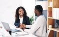 Partners, lawyers and handshake in office on deal, talking and attorneys to agree in contract. Black people, thank you Royalty Free Stock Photo