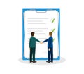 Partners shake hands. Document papers. Agreement and contract. Vector flat design