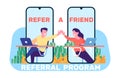 Partnership in business. Refer friend and make money. Profit from affiliate recommends. Smartphone screens. Customer