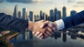 Partnership concept with business people shaking hands over cityscape background created with Generative AI Royalty Free Stock Photo