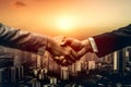 Partnership. double exposure image of investor business man handshake with partner . Generative AI Royalty Free Stock Photo
