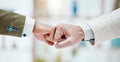 Partnership, fist bump and hands of business people together for motivation, support and cooperation. Collaboration Royalty Free Stock Photo