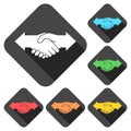 Partnership Hand shake arrows icons set with long shadow
