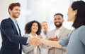 Partnership hand shake, happy or business people applause for acquisition agreement, partner deal or merger success Royalty Free Stock Photo