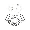 Partnership, Relationship, Agreement Line Icon. Handshake and Jigsaw Linear Pictogram. People Professional Match, Found Royalty Free Stock Photo