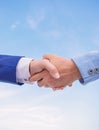 Partnership and support. Successful deal handshake blue sky background. Shaking hands at meeting. Friendly handshake