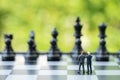 Partnership and teamwork in business strategy concept, two miniature people businessmen work as team, standing on chessboard look Royalty Free Stock Photo