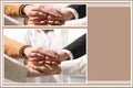 Partnership, union and cooperation. Collage with photo of people joining hands together, closeup