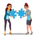 Partnership Vector. Two Business Woman Holding In Hands Two Large Puzzles And Put It Together. Illustration