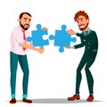 Partnership Vector. Two Man Businessman Holding In Hands Two Large Puzzles And Put It Together. Illustration Royalty Free Stock Photo