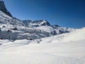 partnunsee covered with snow and ice on a ski tour. Dream day in winter in the mountains. Sun and snow and big mountains Royalty Free Stock Photo