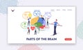 Parts of the Brain Landing Page Template. Tiny Characters at Huge Human Brain Separated on Frontal, Parietal, Occipital