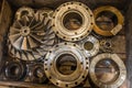 Parts of a centrifugal compressor in a wooden box Royalty Free Stock Photo