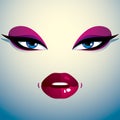 Parts of the face of a young beautiful lady with a bright make-up, lips and eyes. People facial expression, angry and tricky