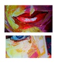 Parts of the female face: eye, nose and lips. Multicolor abstract image with acrylic.