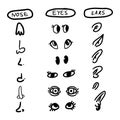 Parts of the head and face. Doodle illustration of nose ears eyes. to collect the person different emotions