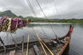 Parts of reconstructed Viking ships in the border of Innerpollen salty lake in Vestvagoy island of Lofoten archipelago. The area