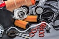 Parts for scheduled car maintenance.Oil , air , fuel filter, Water pumps motor, belt car engine for car - Image