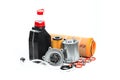 Parts for scheduled car maintenance.Oil , air , fuel filter, Water pumps motor, belt car engine for car - Image