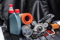 Parts for scheduled car maintenance.Oil , air , fuel filter, Water pumps motor, belt car engine for car - Image