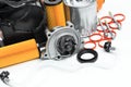 Parts for scheduled car maintenance.Oil , air , fuel filter, Water pumps motor, belt car engine for car - Image