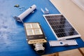 Parts to assemble solar powered LED street light to pole or wall. Royalty Free Stock Photo