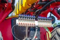 Parts of tractor seeder mechanisms. Close-up of details of agricultural machinery