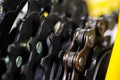 Parts of yellow bicycle on a studio white background. Close up details Royalty Free Stock Photo