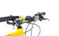 Parts of yellow bicycle on a studio white background. Close up details Royalty Free Stock Photo