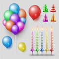 Party accessorises vector set. Realistic candles, balloons and party hats isolated on transparent background Royalty Free Stock Photo