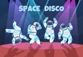 Party astronauts. Retro dancing spaceman, disco entertainment poster with pop art cosmonaut. Vector cartoon vintage